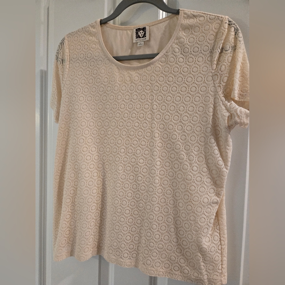Anne Klein Suit Separates Blush Pink Lined Lace Short Sleeve Blouse Petite L EUC